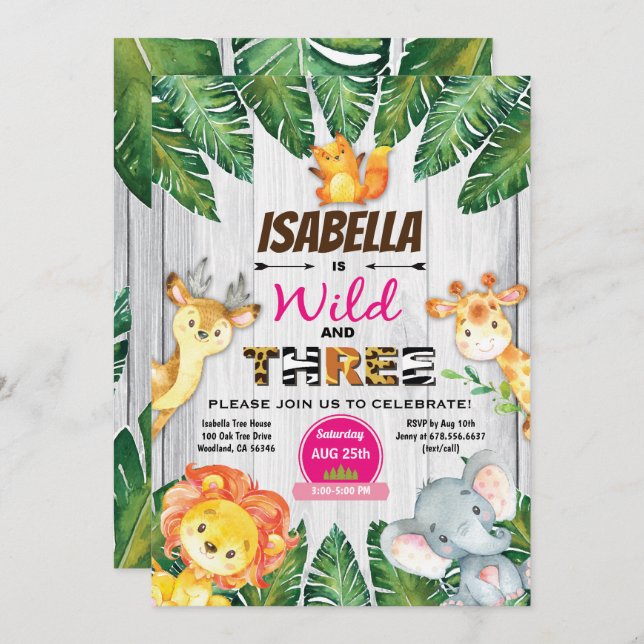 Wild and Three 3rd birthday invitation safari (Front/Back)