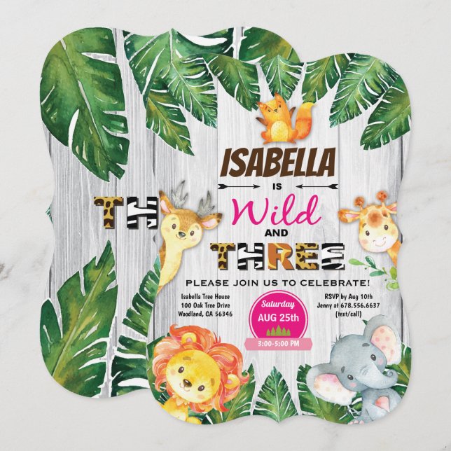 Wild and Three 3rd birthday invitation safari (Front/Back)