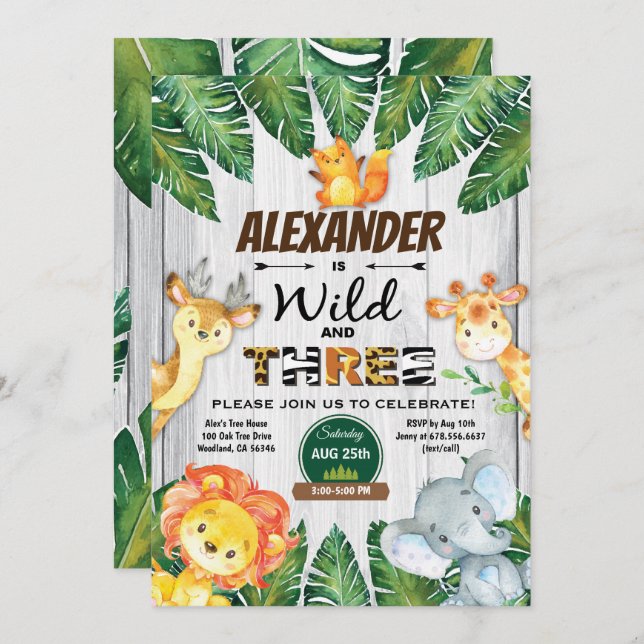 Wild and Three 3rd birthday invitation safari (Front/Back)