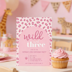 Wild and three girl 3rd birthday party Invitation