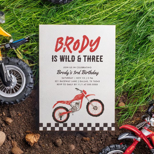 Wild and Three Red Dirt Bike Boy 3rd Birthday Invitation (Creator Uploaded)