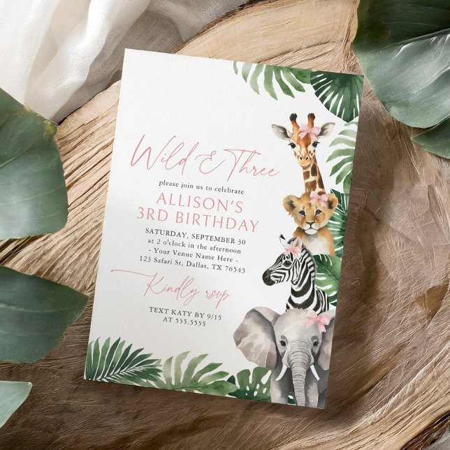 Wild and Three Safari Animals Girl 3rd Birthday Invitation (Creator Uploaded)