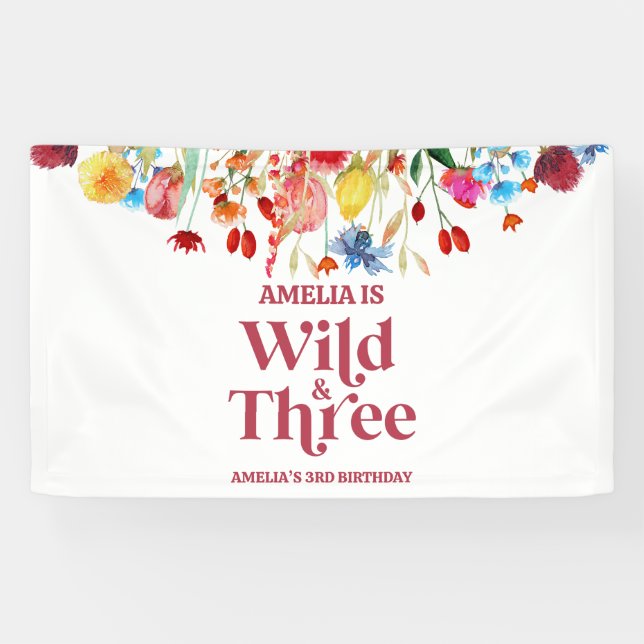 Wild and Three Wildflower Third 3rd Birthday Party Banner (Horizontal)