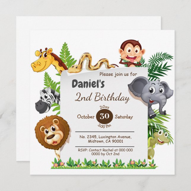 Wild animal adventure themed colourful 2nd birthda invitation (Front/Back)
