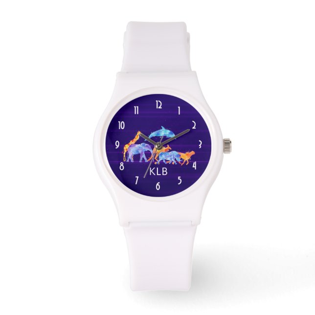 Wild Animal Herd on Purple Abstract Monogram Watch (Front)