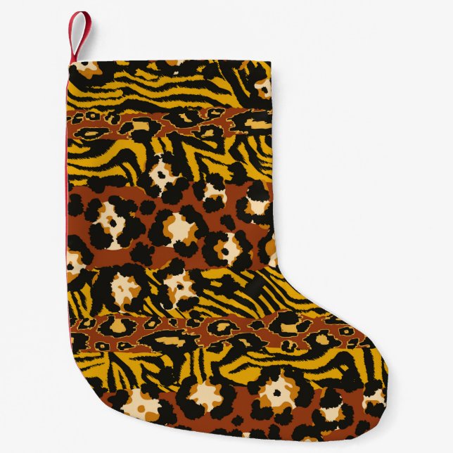 Wild animal leopard and tiger skins patchwork abst small christmas stocking (Front)