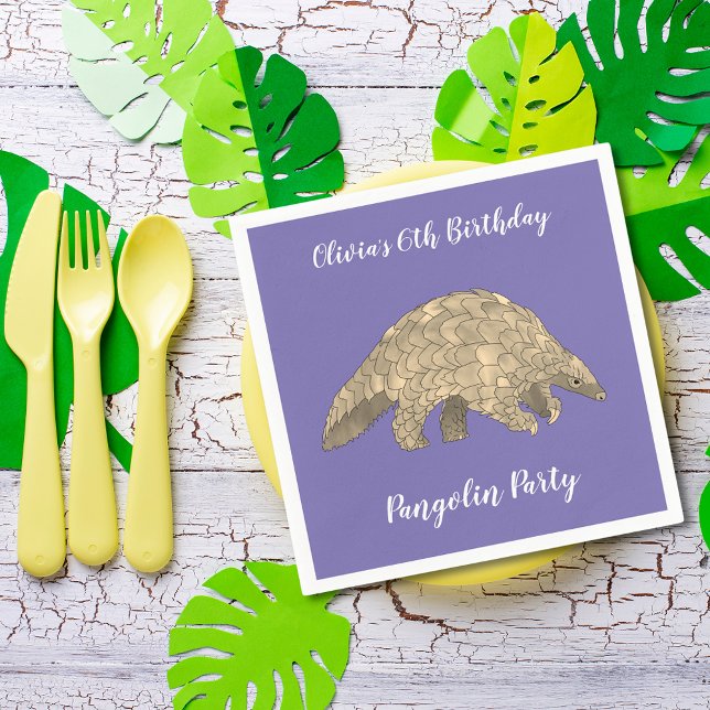 Wild Animal Pangolin 6th Birthday Party Napkin (Cute pangolin wildlife animal art 6th birthday party custom purple paper napkins )