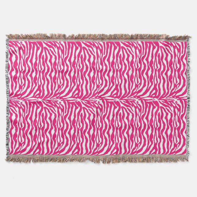 Wild Animal Print, Zebra in Fuchsia Pink and White Throw Blanket (Front)