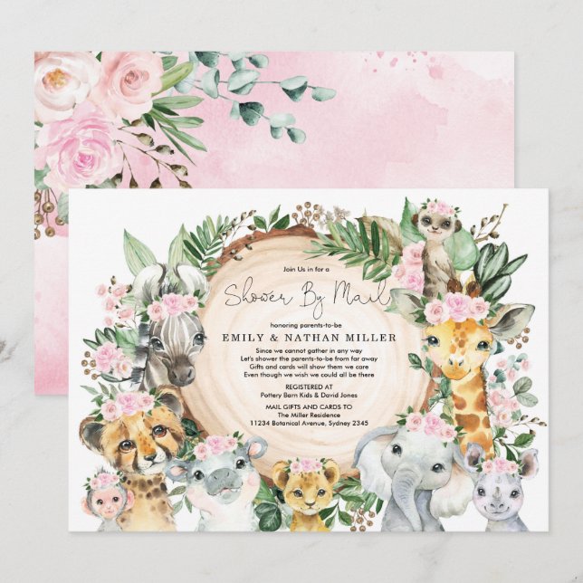 Wild Animal Safari Jungle Girl Baby Shower By Mail Invitation (Front/Back)