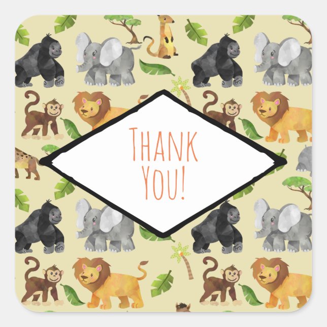 Wild Animal Safari Jungle Pattern Thank You Square Sticker (Front)