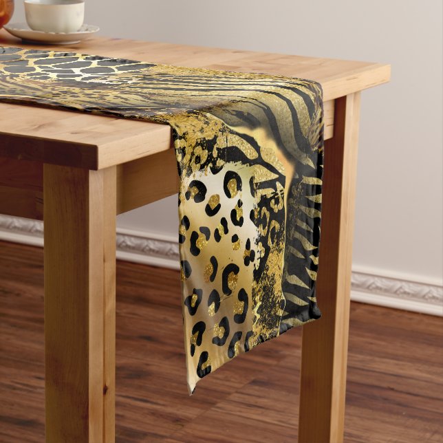Wild animal skin gold black safari print pattern short table runner (In Situ)