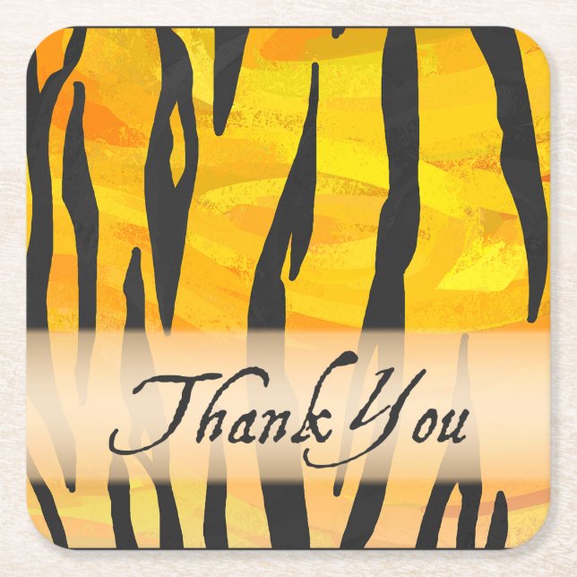 Wild Animal Tiger Stripe Thank You Square Paper Coaster (Front)