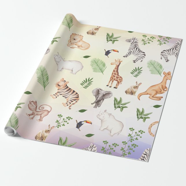 wild Animal With Jungle Tree pattern Wrapping Paper (Unrolled)