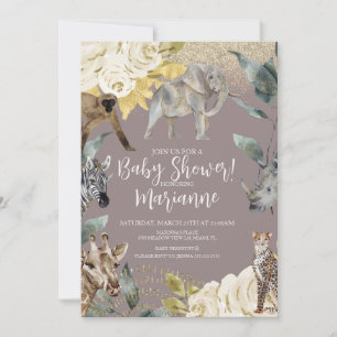 Wild Animals Baby Shower Glitter Dusty Pink  Invitation