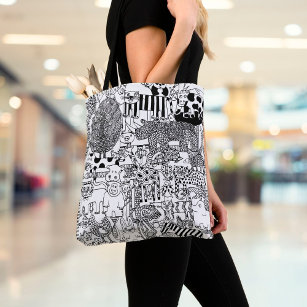 Wild Animals Black and White Hand Drawn Art Tote Bag