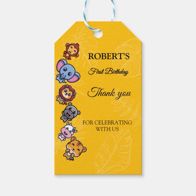 wild animals first birthday gift tags (Front)