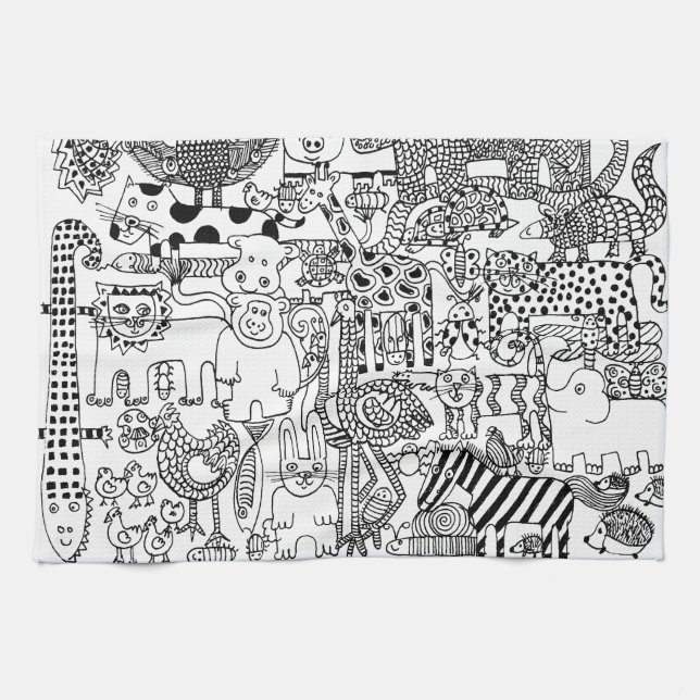 Wild Animals Fun Modern Black and White Art Tea Towel (Horizontal)