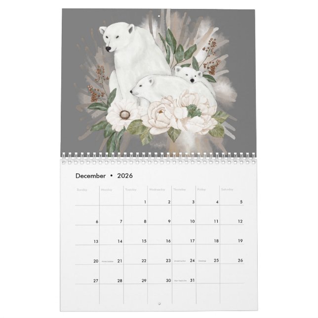 Wild Animals Grey Floral Winter Watercolor Calendar (Dec 2026)