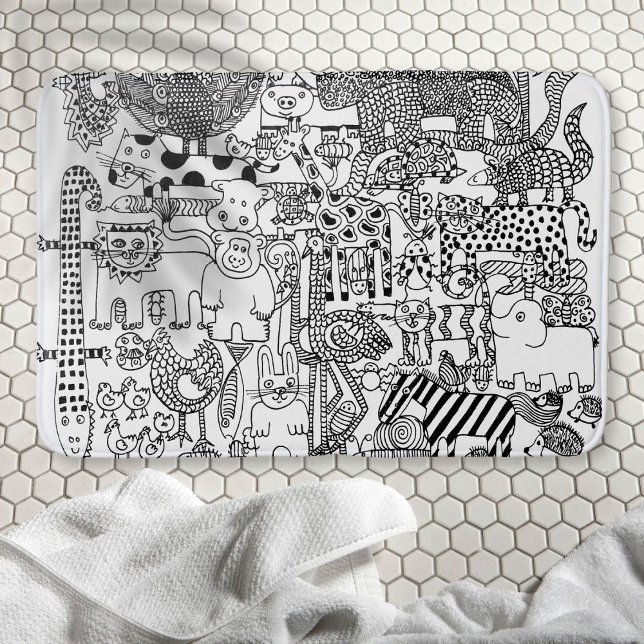 Wild Animals Hand Drawn Black and White Art Bath Mat (Creator Uploaded)