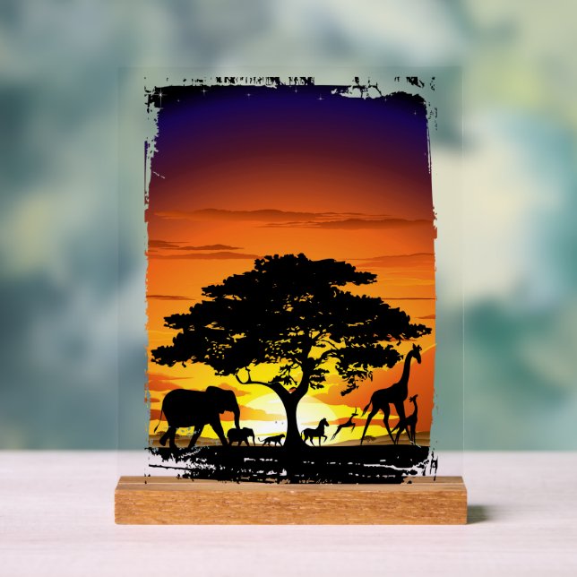 Wild Animals on African Savanna Sunset Acrylic Sign (Neutral)
