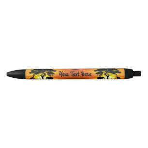 Wild Animals on African Savanna Sunset Black Ink Pen