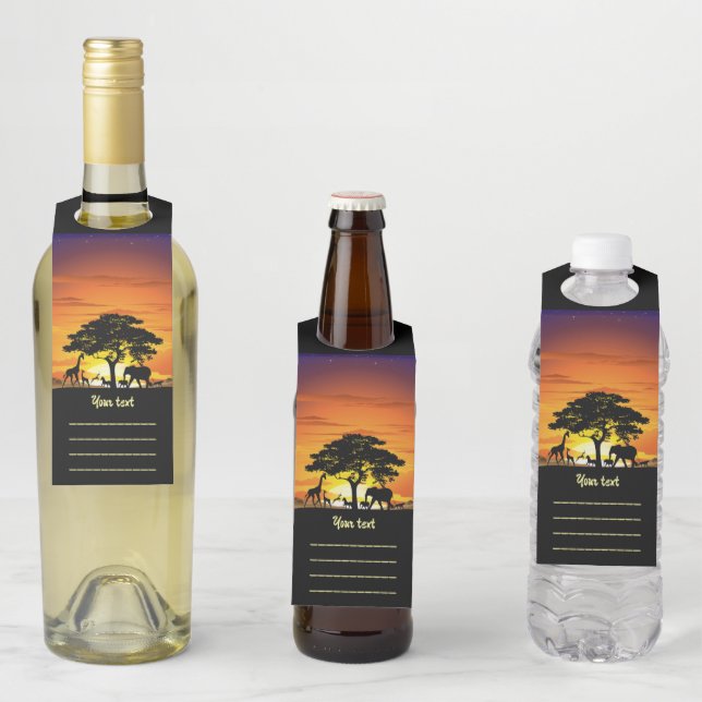 Wild Animals on African Savanna Sunset Bottle Tag (In Situ)