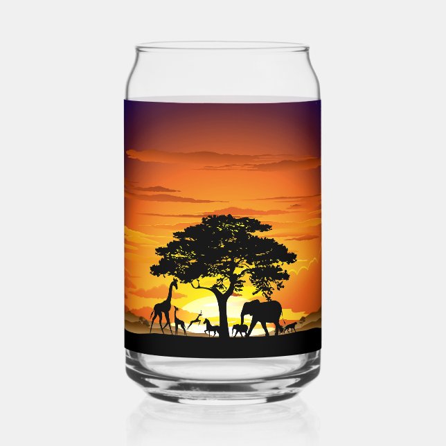 Wild Animals on African Savanna Sunset Can Glass (Front)
