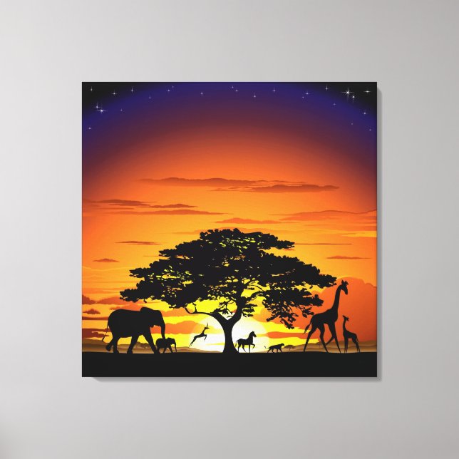Wild Animals on African Savanna Sunset Canvas Print (Front)