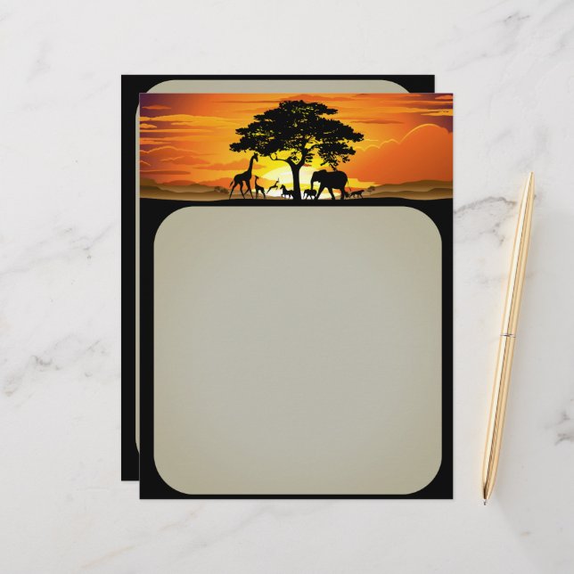 Wild Animals on African Savanna Sunset Custom Letterhead (Front/Back In Situ)