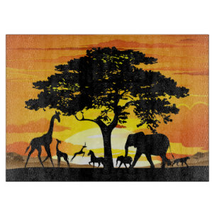 Wild Animals on African Savanna Sunset Cutting Board