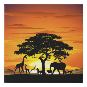 Wild Animals on African Savanna Sunset Faux Canvas Print