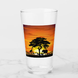 Wild Animals on African Savanna Sunset Glass