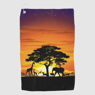 Wild Animals on African Savanna Sunset Golf Towel