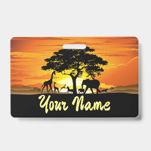 Wild Animals on African Savanna Sunset ID Badge