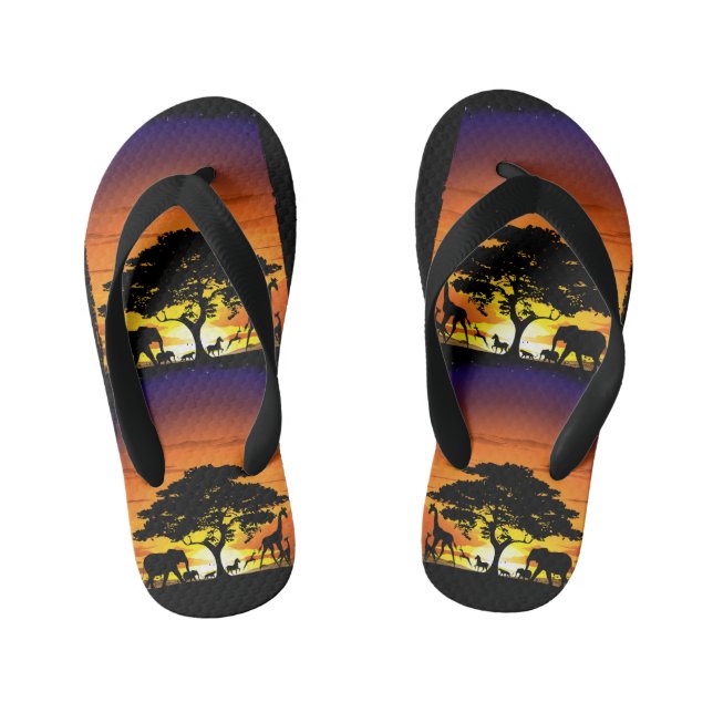 Wild Animals on African Savanna Sunset Kid's Jandals (Footbed)