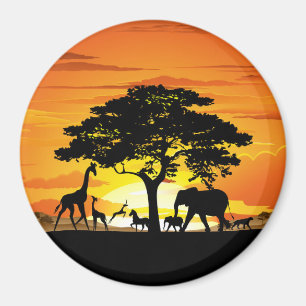 Wild Animals on African Savanna Sunset Magnet