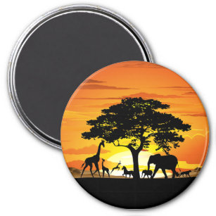 Wild Animals on African Savanna Sunset Magnet