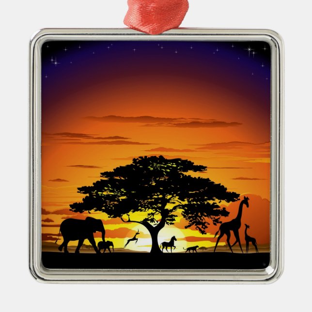 Wild Animals on African Savanna Sunset Metal Tree Decoration (Front)