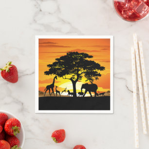 Wild Animals on African Savanna Sunset Napkin