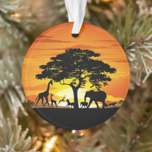 Wild Animals on African Savanna Sunset Ornament