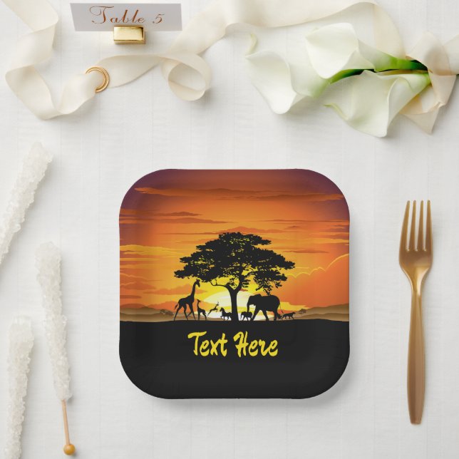 Wild Animals on African Savanna Sunset Paper Plate (Wedding)