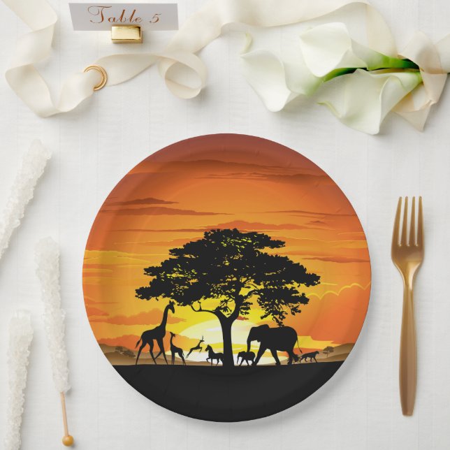Wild Animals on African Savanna Sunset Paper Plate (Wedding)