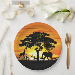 Wild Animals on African Savanna Sunset Paper Plate