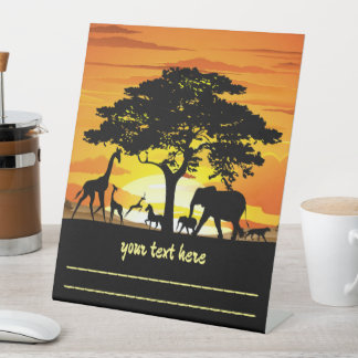 Wild Animals on African Savanna Sunset Pedestal Sign