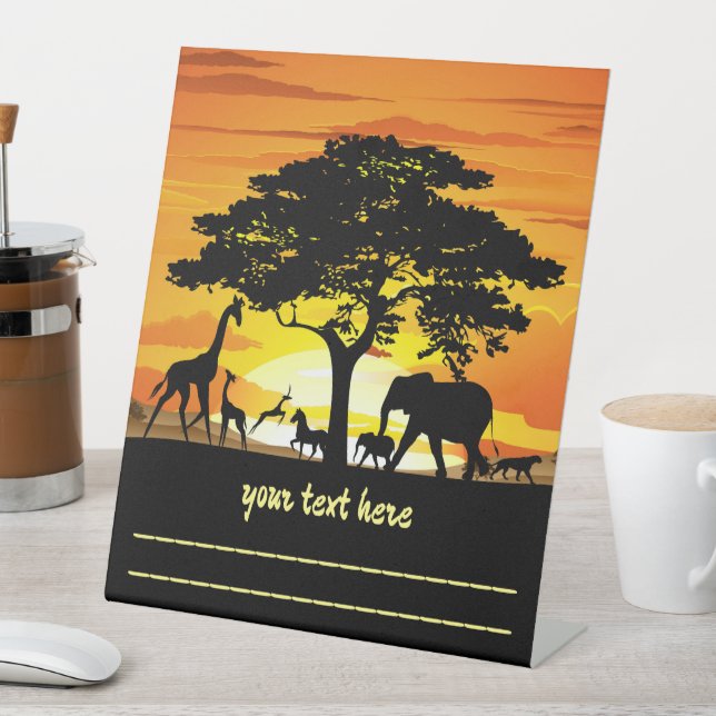Wild Animals on African Savanna Sunset Pedestal Sign (In SItu)