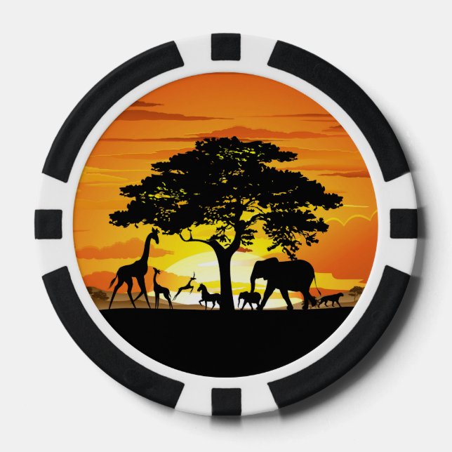 Wild Animals on African Savanna Sunset Poker Chips (Front)