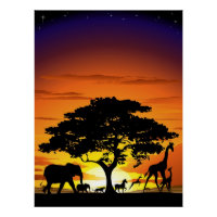 Wild Animals on African Savanna Sunset