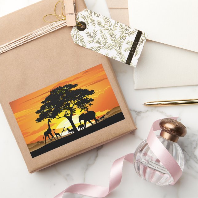 Wild Animals on African Savanna Sunset Rectangular Sticker (Gifting)