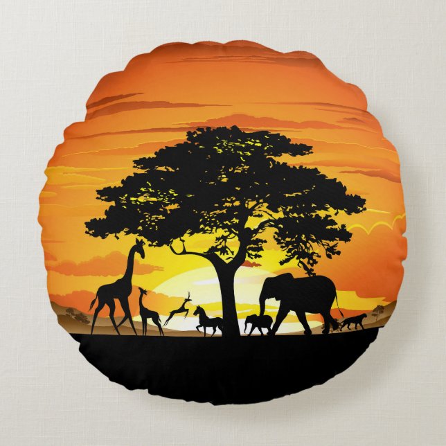 Wild Animals on African Savanna Sunset Round Cushion (Front)