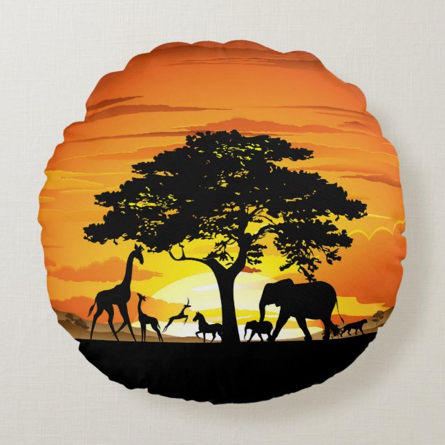 Wild Animals on African Savanna Sunset Round Cushion (Front)